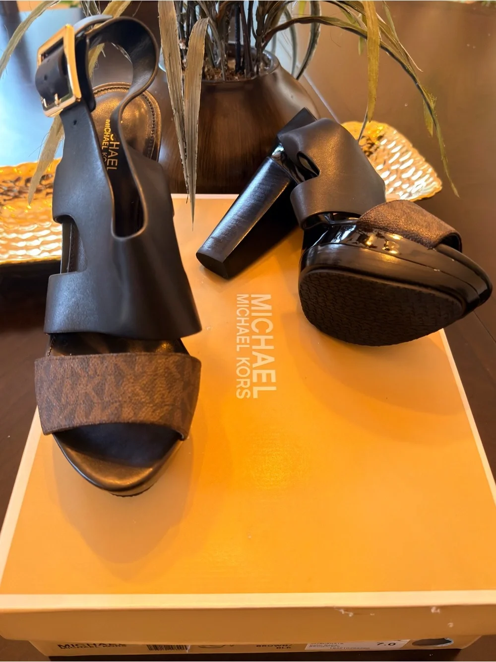 MICHAEL Michael Kors Carla Black Leather & Brown Logo-Print Wedge Sandals